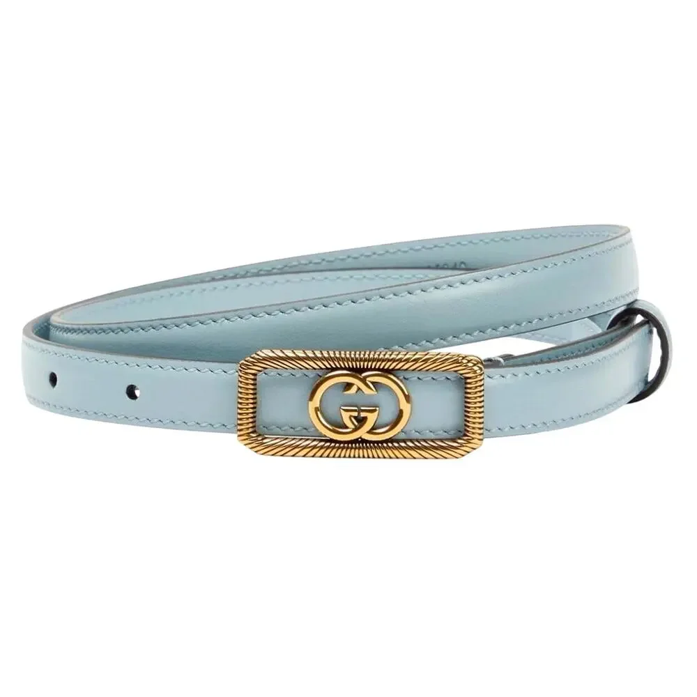GUCCI Women's Thin Belt w/ Interlocking G Buckle Light Blue Leather SZ 90cm NEW